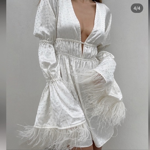 Ivory WeWoreWhat Feathered Mini Dress jeweled open back sz.XL Like New - Picture 7 of 7
